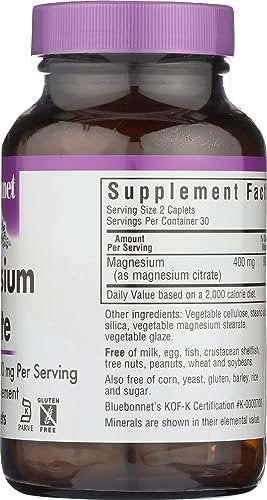Bluebonnet Nutrition Magnesiumcitrat – 400 mg Magnesium pro Portion – Maximale Aufnahme – Unterstützt Immunsystem & Energieproduktion – Sojafrei, glutenfrei, nicht-GVO, koscher, milchfrei, vegan – 60 Kapseln
