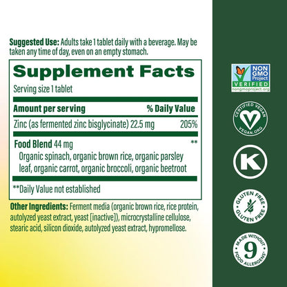 MegaFood Zink-Ergänzung – Veganes Immunsystem-Support mit 22,5 mg hochwirksamem fermentiertem Zink – aus echtem Essen – glutenfrei, koscher – 60 Tabletten, 60 Portionen
