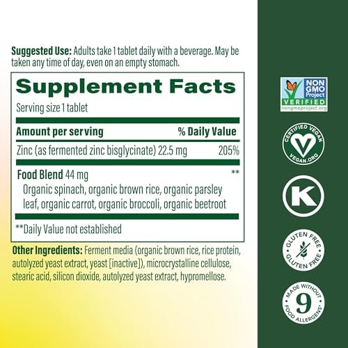 MegaFood Zink-Ergänzung – Veganes Immunsystem-Support mit 22,5 mg hochwirksamem fermentiertem Zink – aus echtem Essen – glutenfrei, koscher – 60 Tabletten, 60 Portionen