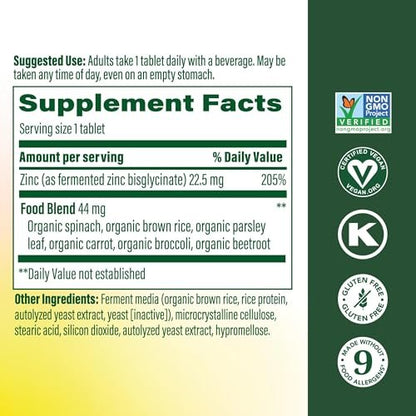 MegaFood Zink-Ergänzung – Veganes Immunsystem-Support mit 22,5 mg hochwirksamem fermentiertem Zink – aus echtem Essen – glutenfrei, koscher – 60 Tabletten, 60 Portionen