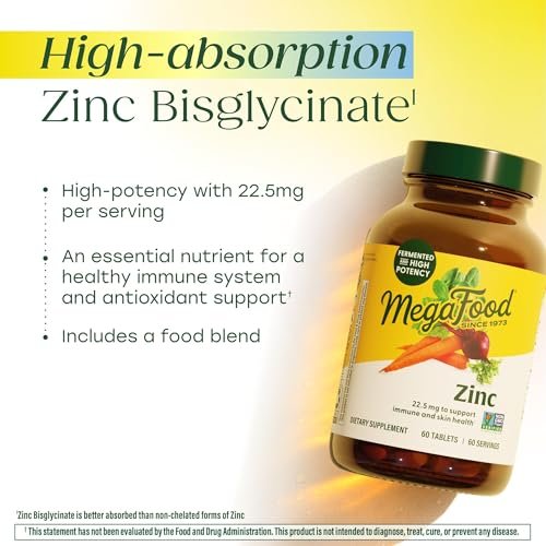 MegaFood Zink-Ergänzung – Veganes Immunsystem-Support mit 22,5 mg hochwirksamem fermentiertem Zink – aus echtem Essen – glutenfrei, koscher – 60 Tabletten, 60 Portionen