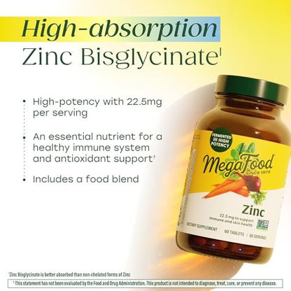 MegaFood Zink-Ergänzung – Veganes Immunsystem-Support mit 22,5 mg hochwirksamem fermentiertem Zink – aus echtem Essen – glutenfrei, koscher – 60 Tabletten, 60 Portionen