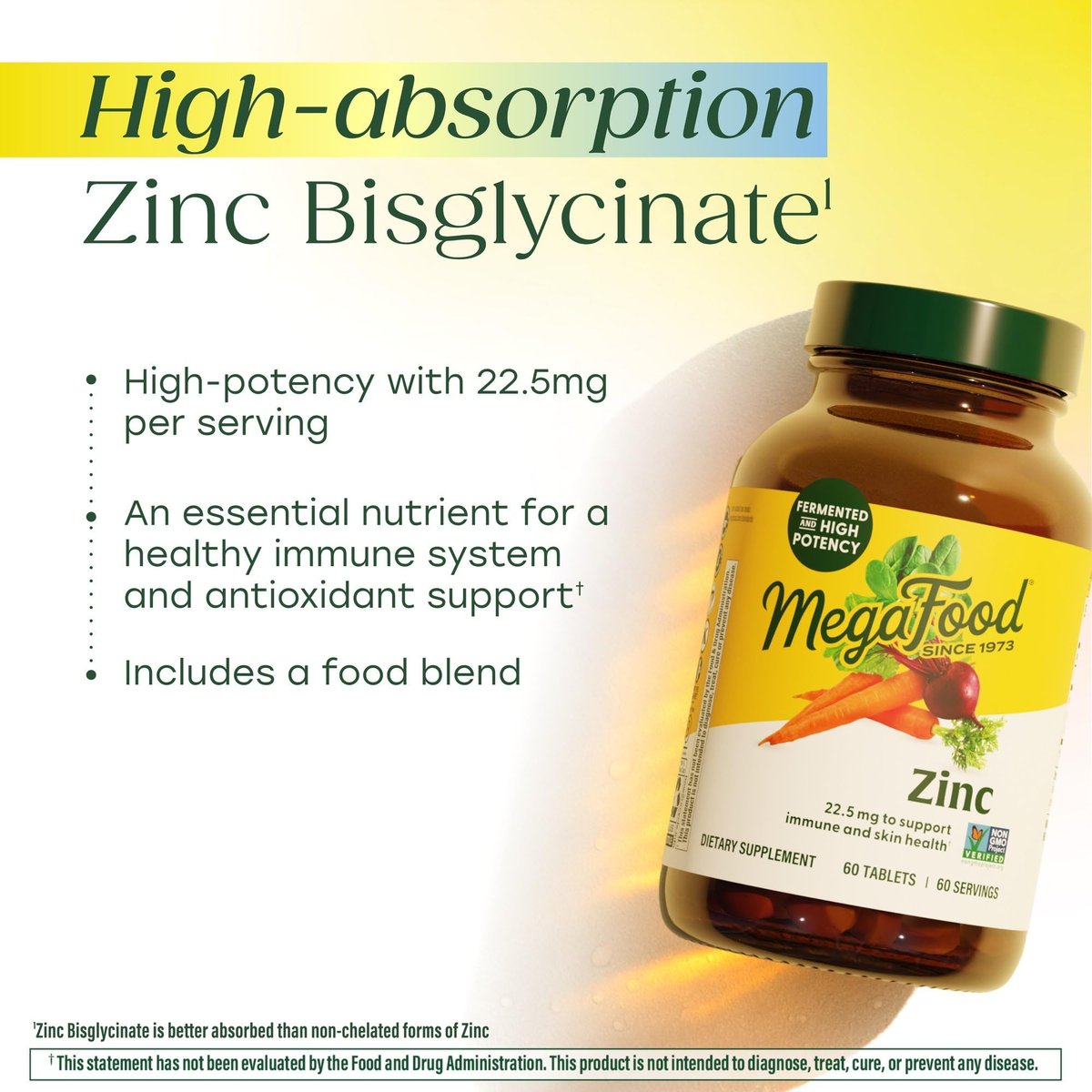 MegaFood Zink-Ergänzung – Veganes Immunsystem-Support mit 22,5 mg hochwirksamem fermentiertem Zink – aus echtem Essen – glutenfrei, koscher – 60 Tabletten, 60 Portionen