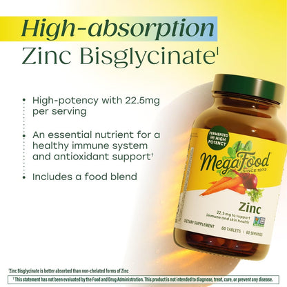 MegaFood Zink-Ergänzung – Veganes Immunsystem-Support mit 22,5 mg hochwirksamem fermentiertem Zink – aus echtem Essen – glutenfrei, koscher – 60 Tabletten, 60 Portionen
