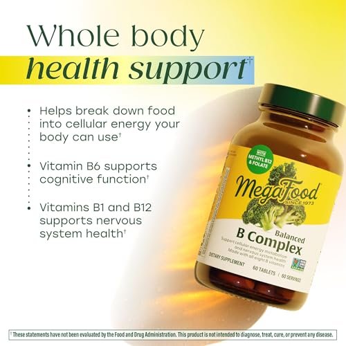 MegaFood Ausgewogener B-Komplex - B-Vitamin Nahrungsergänzung mit 8 B-Vitaminen, inklusive Vitamin B6, Vitamin B12, Folsäure, Biotin & mehr, unterstützt die zelluläre Energieproduktion, vegan, glutenfrei - 30 Tabletten