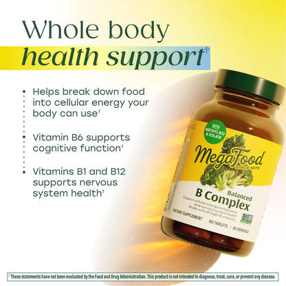 MegaFood Ausgewogener B-Komplex - B-Vitamin Nahrungsergänzung mit 8 B-Vitaminen, inklusive Vitamin B6, Vitamin B12, Folsäure, Biotin & mehr, unterstützt die zelluläre Energieproduktion, vegan, glutenfrei - 30 Tabletten