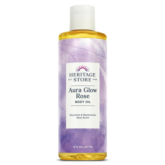HERITAGE STORE Aura Glow Rosenkörperöl – Luxuriöse Körperfeuchtigkeitspflege für trockene Haut, Massageöl, Bade- und Duschöl, Trägeröl für ätherische Öle und Aromatherapie, Rosenduft, 60-Tage-Garantie, 240 ml