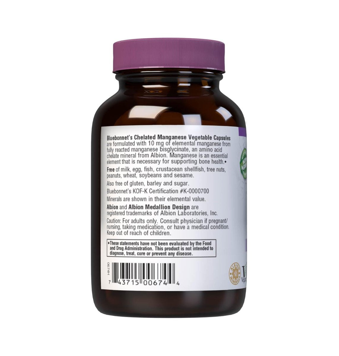 BlueBonnet Nutrition Albion Chelatiertes Mangan – Aminosäurechelat, soja-, milch- & glutenfrei, nicht gentechnisch verändert, koscher zertifiziert, vegan, 90 Kapseln