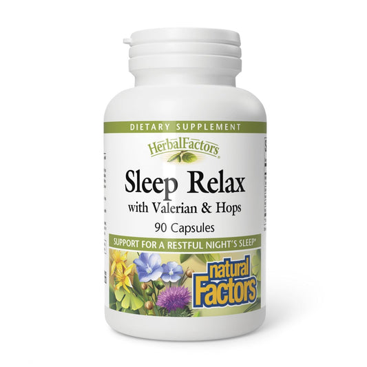 Herbal Factors Sleep Relax Formula von Natural Factors – Natürliches Schlafmittel mit Baldrianwurzel, Passionsblume und Helmkraut, Non-GMO, 90 Kapseln (90 Portionen)