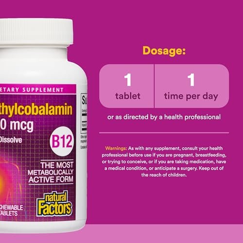 Natural Factors Vitamin B12 Methylcobalamin 1000 mcg – Kautabletten für Energie und Immunsystem, vegetarisch, glutenfrei, 90 Tabletten