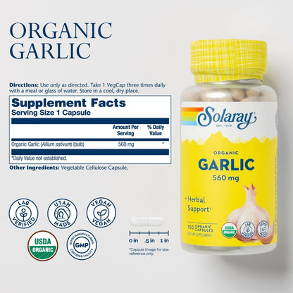 SOLARAY Bio Knoblauch Kapseln - 560 mg Knoblauchpräparat für Herzgesundheit - USDA Bio Knoblauchkapseln - Vegan - 60-Tage Geld-zurück-Garantie - 100 Portionen, 100 VegCaps