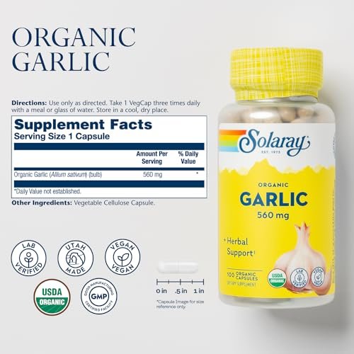 SOLARAY Bio Knoblauch Kapseln - 560 mg Knoblauchpräparat für Herzgesundheit - USDA Bio Knoblauchkapseln - Vegan - 60-Tage Geld-zurück-Garantie - 100 Portionen, 100 VegCaps