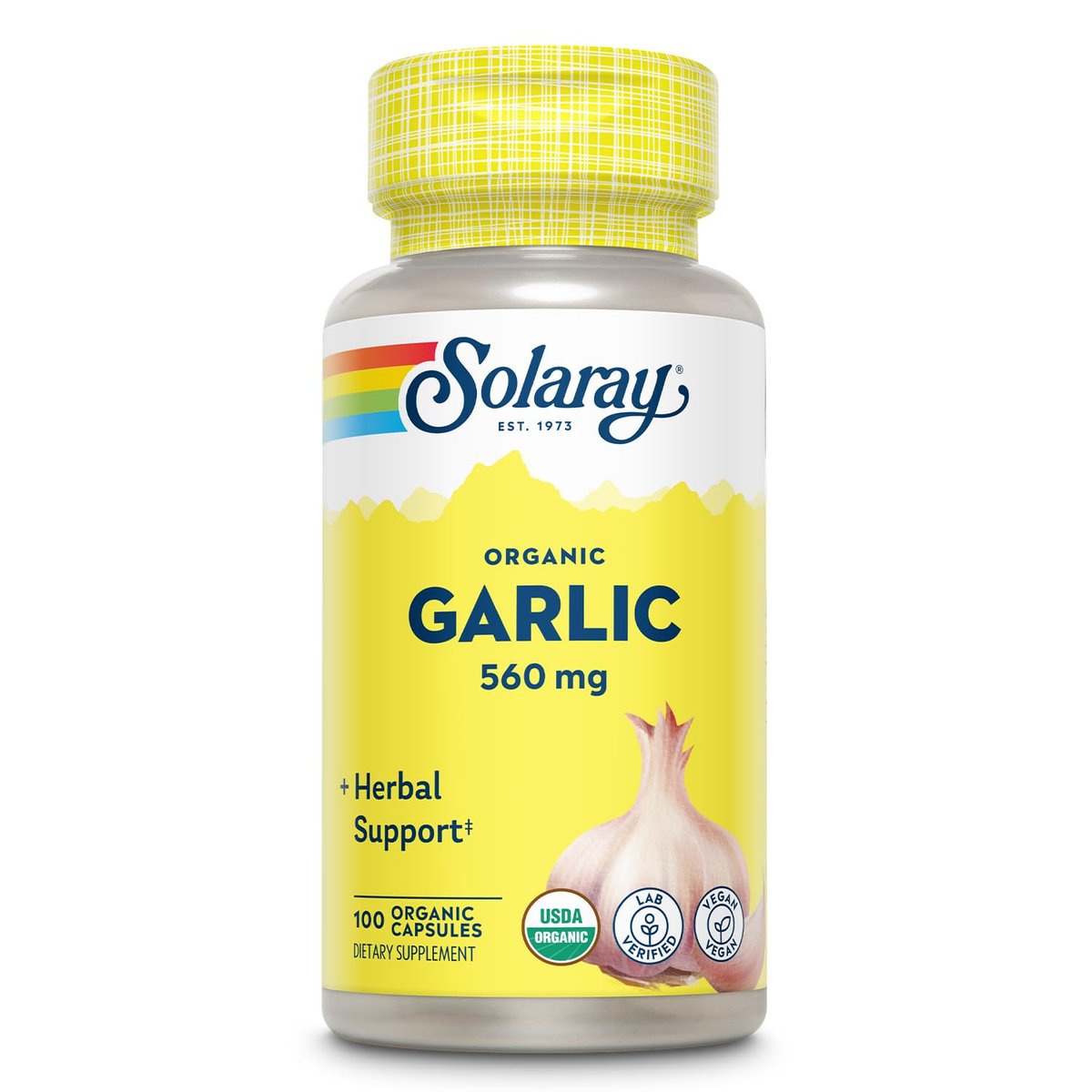 SOLARAY Bio Knoblauch Kapseln - 560 mg Knoblauchpräparat für Herzgesundheit - USDA Bio Knoblauchkapseln - Vegan - 60-Tage Geld-zurück-Garantie - 100 Portionen, 100 VegCaps