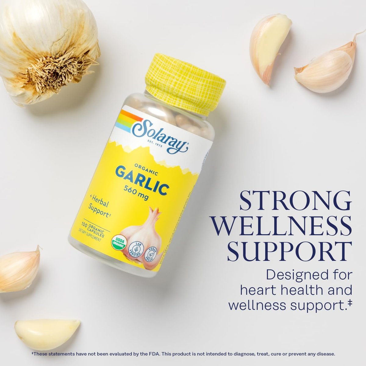 SOLARAY Bio Knoblauch Kapseln - 560 mg Knoblauchpräparat für Herzgesundheit - USDA Bio Knoblauchkapseln - Vegan - 60-Tage Geld-zurück-Garantie - 100 Portionen, 100 VegCaps