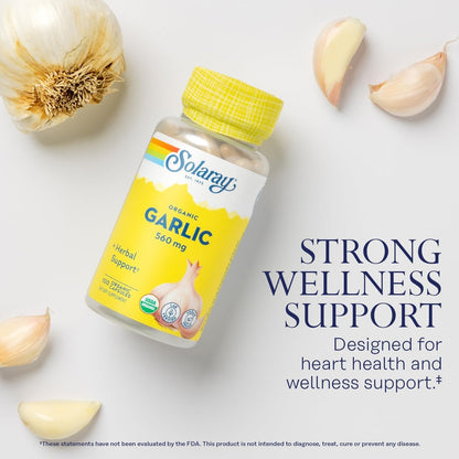 SOLARAY Bio Knoblauch Kapseln - 560 mg Knoblauchpräparat für Herzgesundheit - USDA Bio Knoblauchkapseln - Vegan - 60-Tage Geld-zurück-Garantie - 100 Portionen, 100 VegCaps