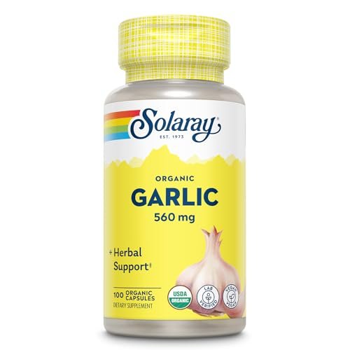 SOLARAY Bio Knoblauch Kapseln - 560 mg Knoblauchpräparat für Herzgesundheit - USDA Bio Knoblauchkapseln - Vegan - 60-Tage Geld-zurück-Garantie - 100 Portionen, 100 VegCaps