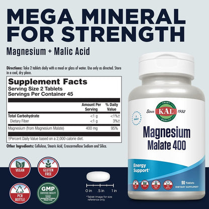 KAL Magnesium Malat 400 mg – Chelatiertes Magnesium mit Äpfelsäure für Energie & Muskelfunktion, vegan, non-GMO, 90 Tabletten