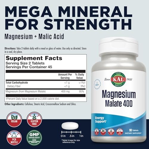 KAL Magnesium Malat 400 mg – Chelatiertes Magnesium mit Äpfelsäure für Energie & Muskelfunktion, vegan, non-GMO, 90 Tabletten