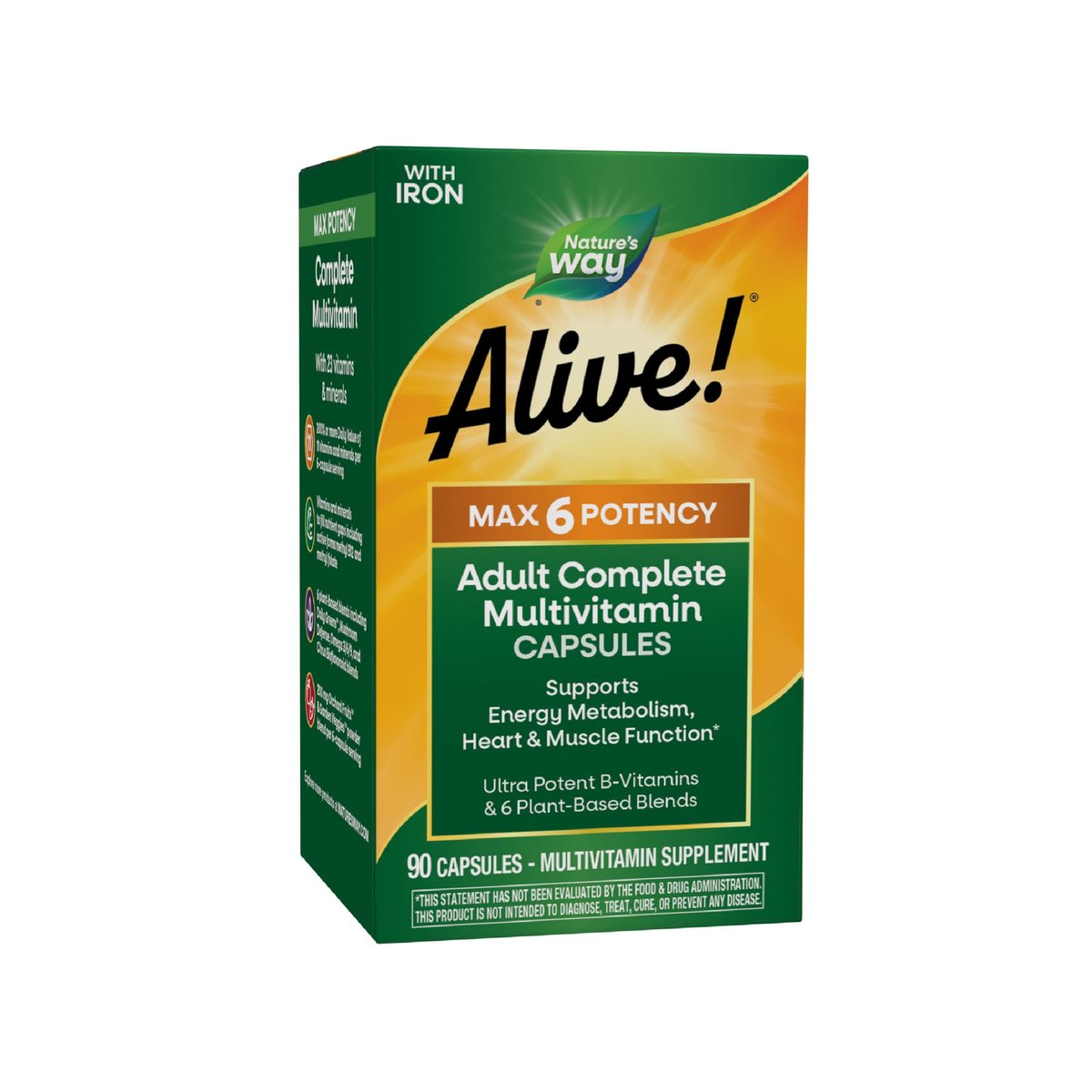 Nature's Way Alive! Max6 Potency Adult Complete Multivitamin mit Eisen, 90 Kapseln