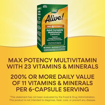 Nature's Way Alive! Max6 Potency Adult Complete Multivitamin mit Eisen, 90 Kapseln
