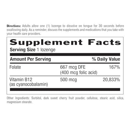 Country Life Vitamin B12 mit Folsäure – 500mcg, 100 Lutschtabletten – Unterstützt Energie & rote Blutkörperchen – Zertifiziert glutenfrei, vegan, halal, Non-GMO