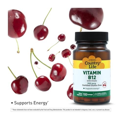 Country Life Vitamin B12 mit Folsäure – 500mcg, 100 Lutschtabletten – Unterstützt Energie & rote Blutkörperchen – Zertifiziert glutenfrei, vegan, halal, Non-GMO
