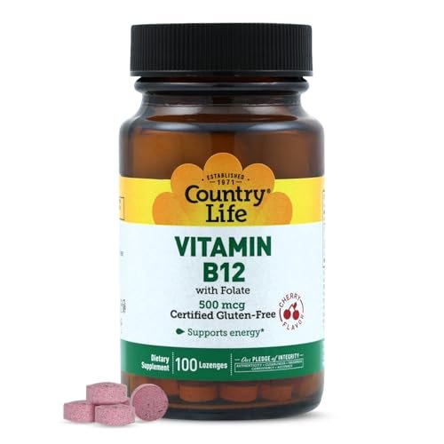 Country Life Vitamin B12 mit Folsäure – 500mcg, 100 Lutschtabletten – Unterstützt Energie & rote Blutkörperchen – Zertifiziert glutenfrei, vegan, halal, Non-GMO