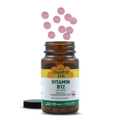 Country Life Vitamin B12 mit Folsäure – 500mcg, 100 Lutschtabletten – Unterstützt Energie & rote Blutkörperchen – Zertifiziert glutenfrei, vegan, halal, Non-GMO