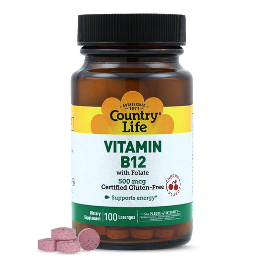 Country Life Vitamin B12 mit Folsäure – 500mcg, 100 Lutschtabletten – Unterstützt Energie & rote Blutkörperchen – Zertifiziert glutenfrei, vegan, halal, Non-GMO