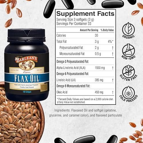 Barlean's Omega 3-6-9 Leinsamenöl-Kapseln mit Lignanen, kaltgepresst, 1550 mg ALA-Fettsäuren, 100 Stück