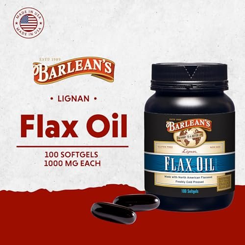 Barlean's Omega 3-6-9 Leinsamenöl-Kapseln mit Lignanen, kaltgepresst, 1550 mg ALA-Fettsäuren, 100 Stück