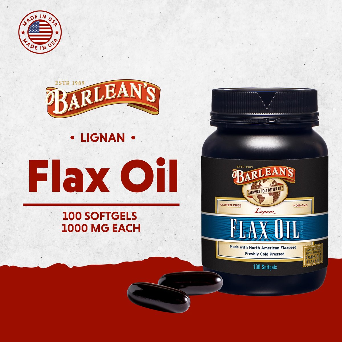 Barlean's Omega 3-6-9 Leinsamenöl-Kapseln mit Lignanen, kaltgepresst, 1550 mg ALA-Fettsäuren, 100 Stück