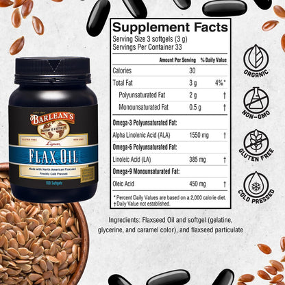 Barlean's Omega 3-6-9 Leinsamenöl-Kapseln mit Lignanen, kaltgepresst, 1550 mg ALA-Fettsäuren, 100 Stück