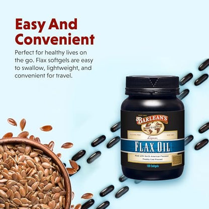 Barlean's Omega 3-6-9 Leinsamenöl-Kapseln mit Lignanen, kaltgepresst, 1550 mg ALA-Fettsäuren, 100 Stück