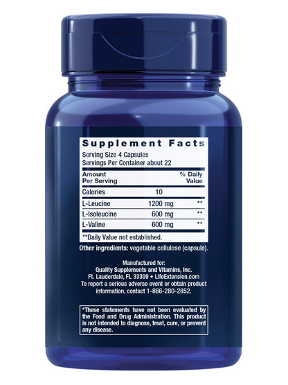 Life Extension Verzweigtkettige Aminosäuren (BCAAs) – Leucin, Isoleucin, Valin – Fördert die Muskelregeneration nach dem Training – Glutenfrei, Nicht-GVO – 90 Kapseln
