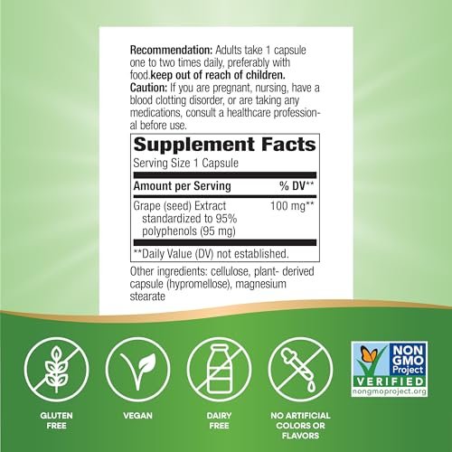 Nature's Way Traubenkernextrakt Standardisiert – Unterstützt gesunde Haut und Venen*, Antioxidantien* – Non-GMO Project Verified – 60 vegane Kapseln