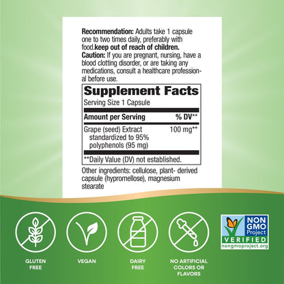 Nature's Way Traubenkernextrakt Standardisiert – Unterstützt gesunde Haut und Venen*, Antioxidantien* – Non-GMO Project Verified – 60 vegane Kapseln