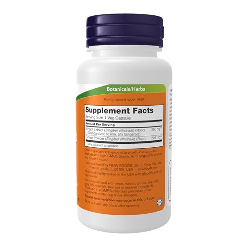 NOW Foods Nahrungsergänzungsmittel, Ingwerwurzelextrakt 250 mg, zur vorübergehenden Linderung von Magenverstimmungen*, Verdauungsunterstützung*, 90 vegane Kapseln