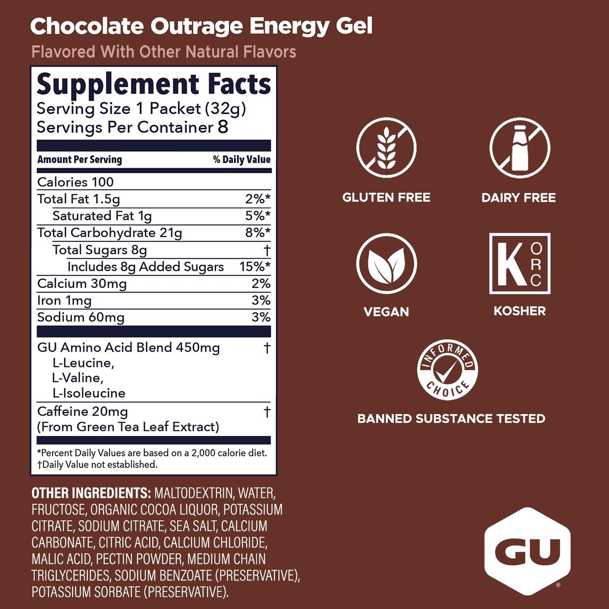 GU Energy Original Energy Gels Chocolate Outrage – 8er-Pack, 1,1 Fl Oz pro Gel