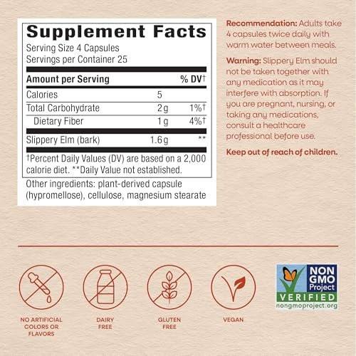 Nature's Way Ulmenrinde Kapseln, traditionelle Verdauungsunterstützung zur Beruhigung des Magen-Darm-Trakts*, 1.600 mg pro 4-Kapsel-Portion, vegan, 100 Kapseln