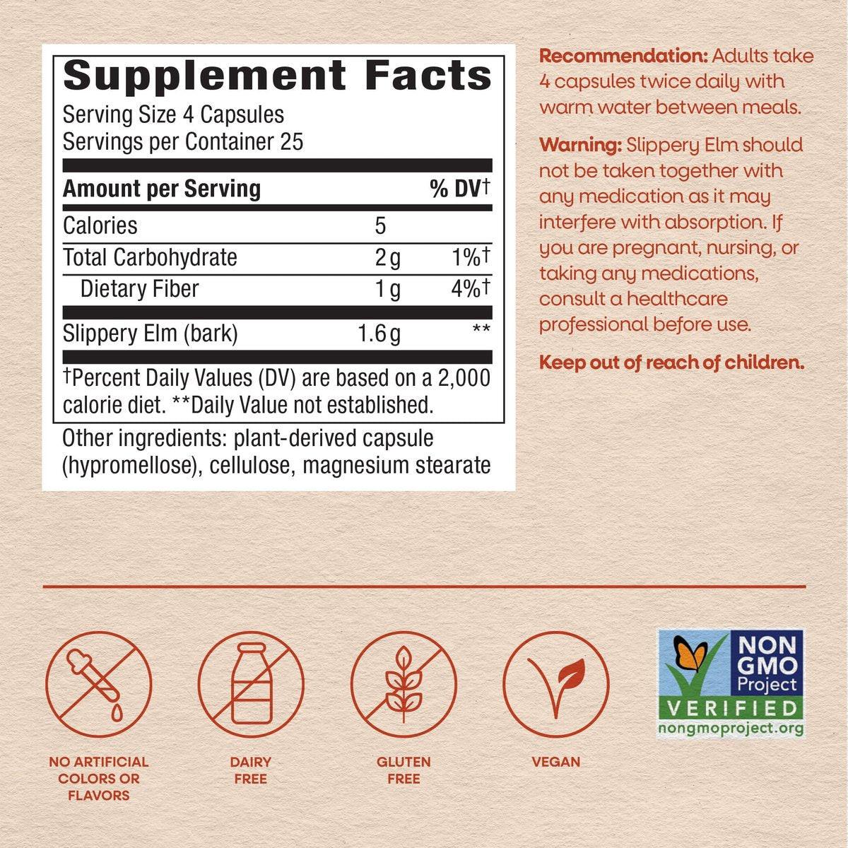 Nature's Way Ulmenrinde Kapseln, traditionelle Verdauungsunterstützung zur Beruhigung des Magen-Darm-Trakts*, 1.600 mg pro 4-Kapsel-Portion, vegan, 100 Kapseln