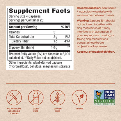 Nature's Way Ulmenrinde Kapseln, traditionelle Verdauungsunterstützung zur Beruhigung des Magen-Darm-Trakts*, 1.600 mg pro 4-Kapsel-Portion, vegan, 100 Kapseln