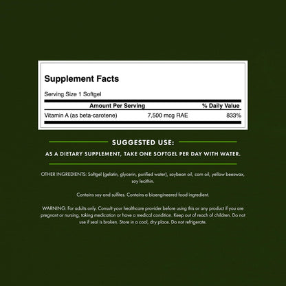 Swanson Beta-Carotin Vitamin A 25.000 IE – 7.500 mcg für Augen- und Hautgesundheit, Immununterstützung – 300 Weichkapseln