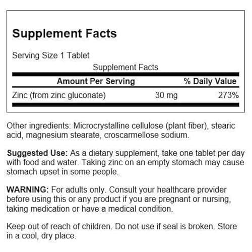 Swanson Zink Gluconat – 250 Tabletten mit 30 mg Zink zur Unterstützung der Prostata-, Sehkraft- und Immunfunktion