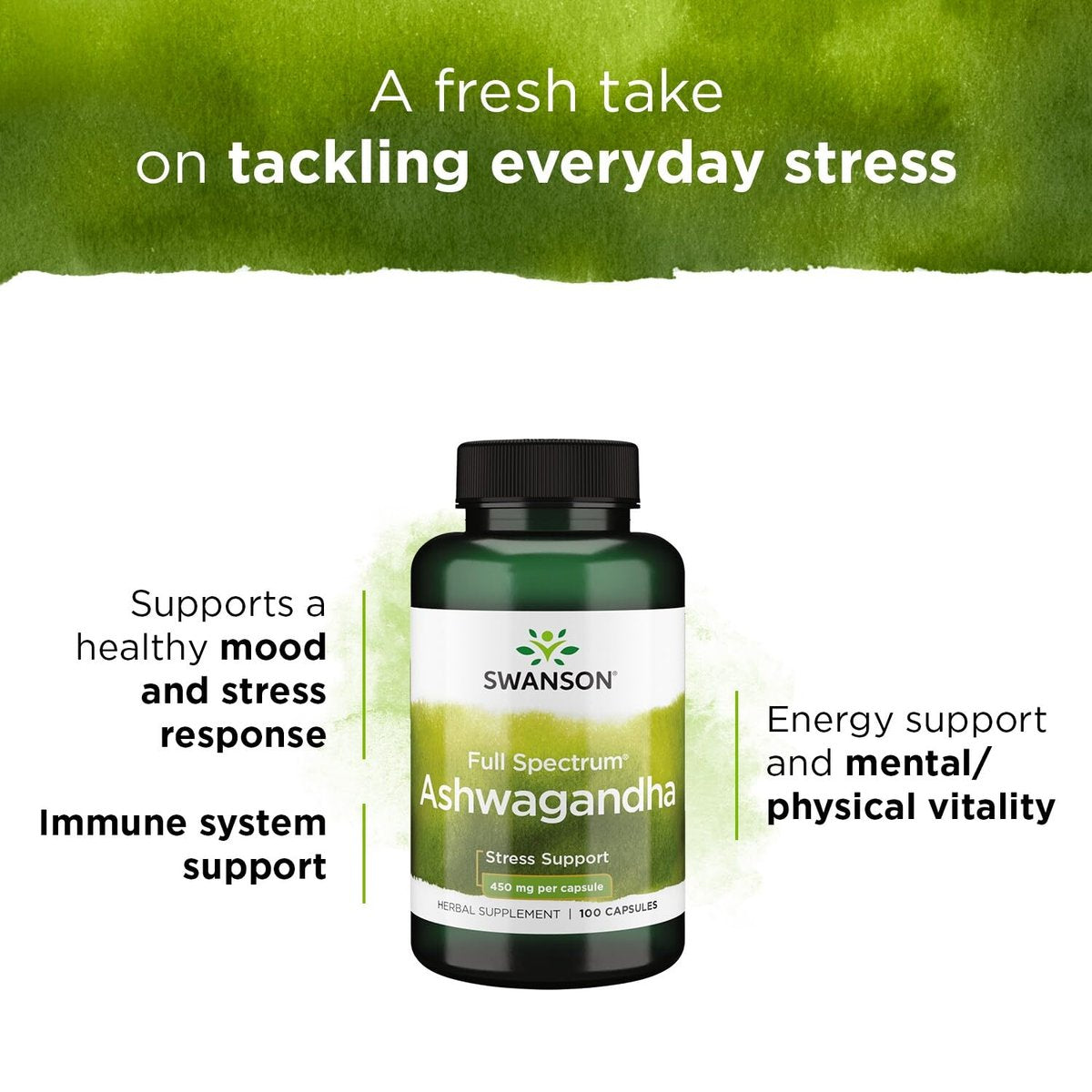 Swanson Full Spectrum Ashwagandha – Natürliche Unterstützung für Stressabbau, Energie, Schlaf und Immunsystem* – Traditionelles ayurvedisches Nahrungsergänzungsmittel – Glutenfrei & Nicht-GVO – 100 vegane Kapseln
