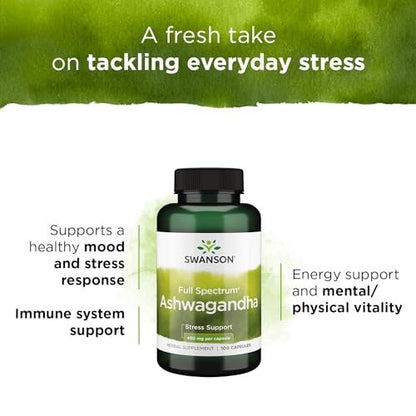 Swanson Full Spectrum Ashwagandha – Natürliche Unterstützung für Stressabbau, Energie, Schlaf und Immunsystem* – Traditionelles ayurvedisches Nahrungsergänzungsmittel – Glutenfrei & Nicht-GVO – 100 vegane Kapseln