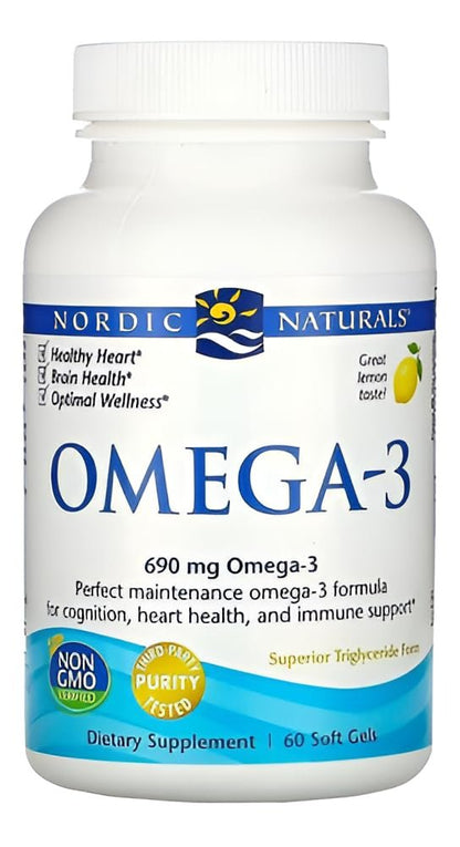 Nordic Naturals Omega-3, Zitronengeschmack - 60 Softgels - 690 mg Omega-3 - Fischöl - EPA & DHA - Immununterstützung, Gehirn- & Herzgesundheit, Optimales Wohlbefinden - Nicht-GVO - 30 Portionen