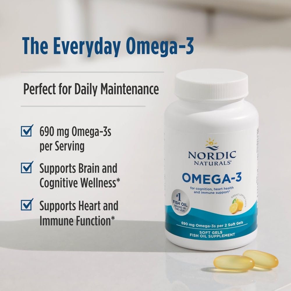 Nordic Naturals Omega-3, Zitronengeschmack - 60 Softgels - 690 mg Omega-3 - Fischöl - EPA & DHA - Immununterstützung, Gehirn- & Herzgesundheit, Optimales Wohlbefinden - Nicht-GVO - 30 Portionen