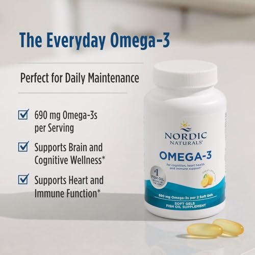 Nordic Naturals Omega-3, Zitronengeschmack - 60 Softgels - 690 mg Omega-3 - Fischöl - EPA & DHA - Immununterstützung, Gehirn- & Herzgesundheit, Optimales Wohlbefinden - Nicht-GVO - 30 Portionen