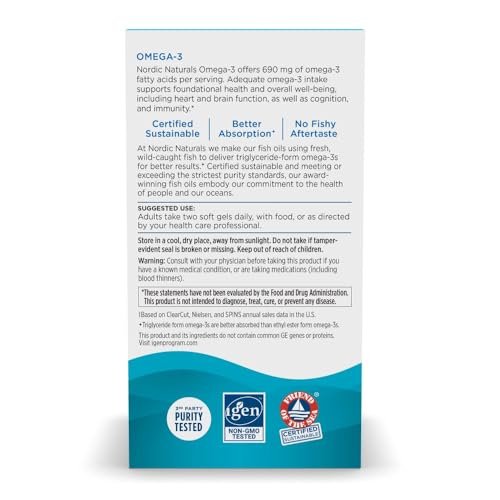 Nordic Naturals Omega-3, Zitronengeschmack - 60 Softgels - 690 mg Omega-3 - Fischöl - EPA & DHA - Immununterstützung, Gehirn- & Herzgesundheit, Optimales Wohlbefinden - Nicht-GVO - 30 Portionen